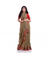 Women`s Traditional Bengali Tant Handloom Cotton Saree Loveria Design With Blouse Piece (Tan Colour)